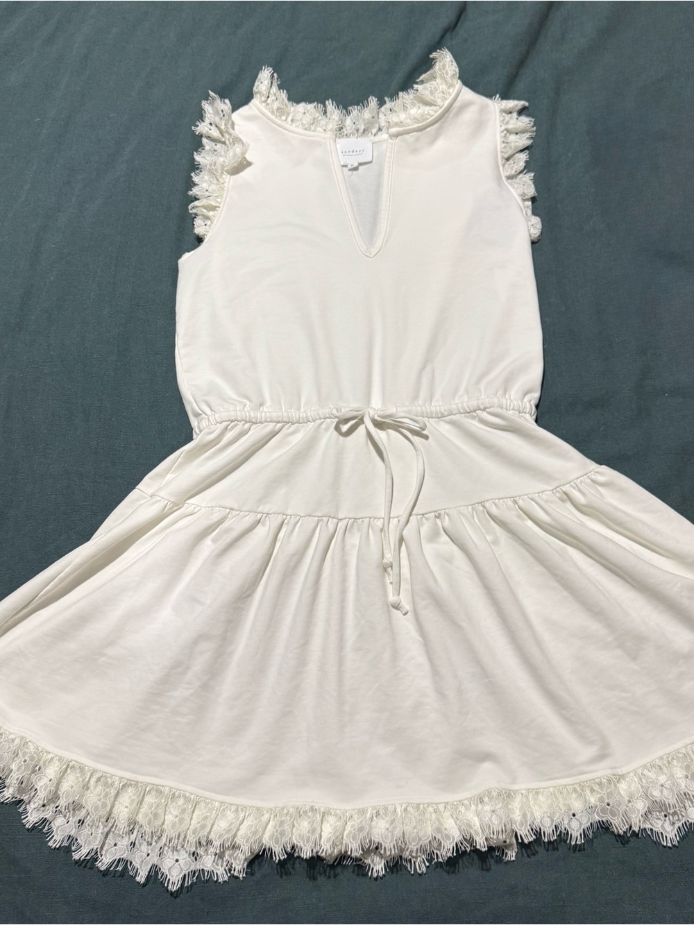 sundays Cream Sleeveless Lace-Trim Tie-Waist Dress